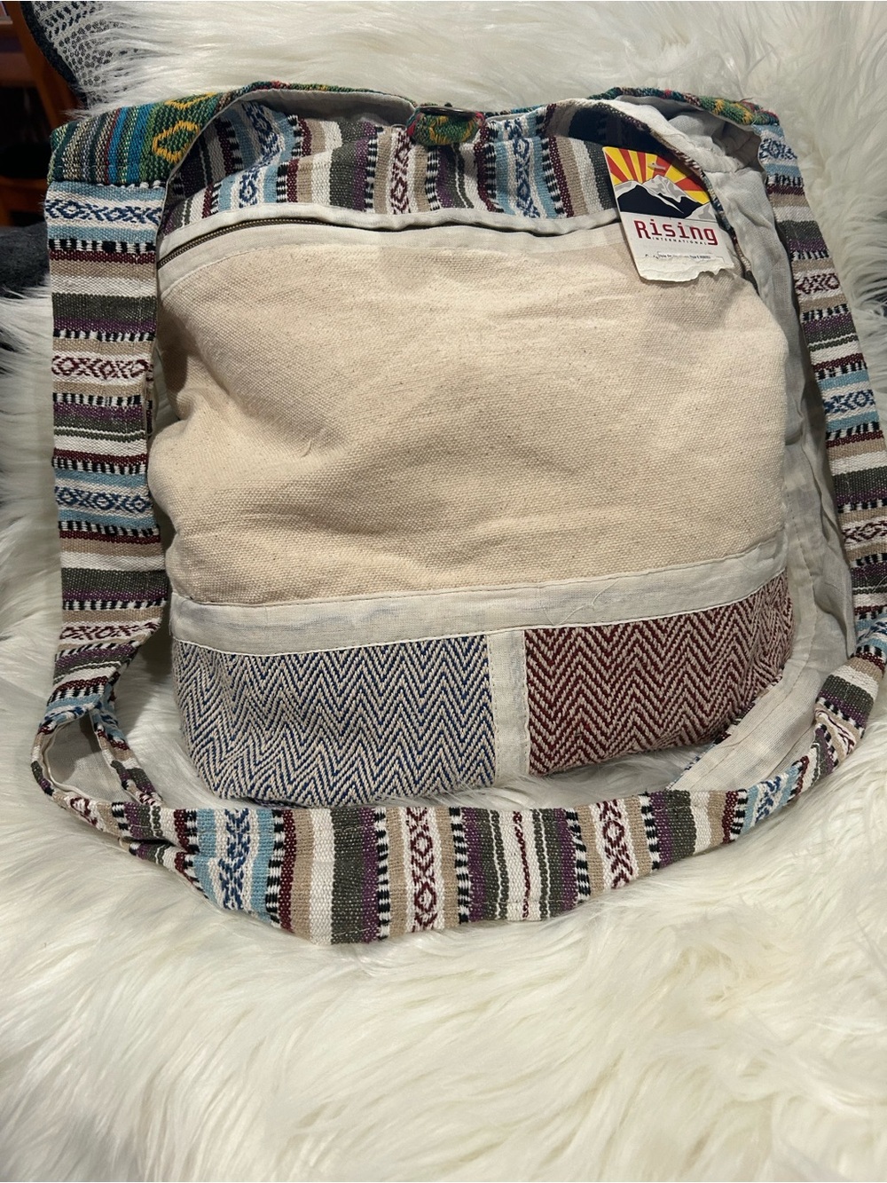 Rising International Cream & Multi-Color Boho Nepal Canvas Shoulder Bag